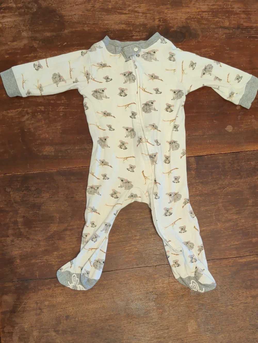 Koala Print Footed One-Piece Pajamas - White with Gray Trim